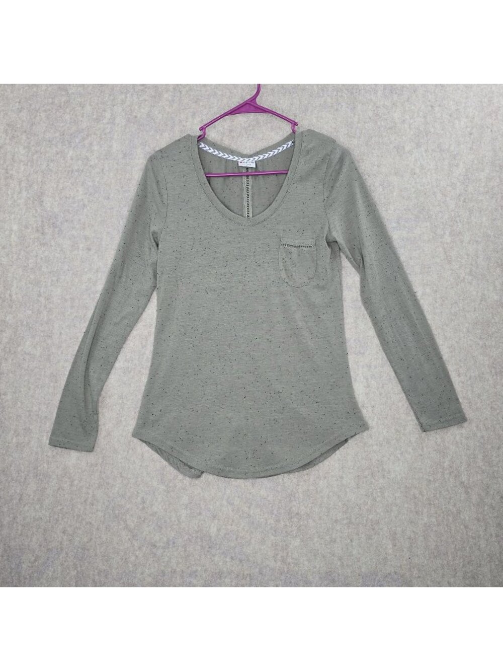 Essentials By Poof Womens Long-Sleeve Speckled Gray Top Scoop Neck Lightweight M